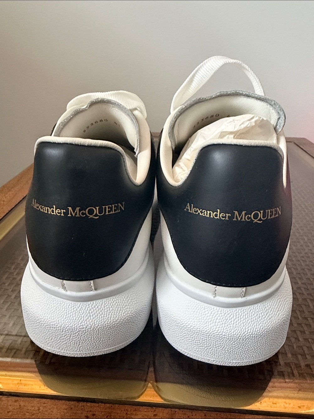 Alexander McQueen White and Black Leather Platform Sneakers with Gold Logo